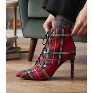 DESIGNER GIANNI BINI RED PLAID TARTAN LACE/UP DETAIL POINTED TOE ANKLE BOOTS 8.5